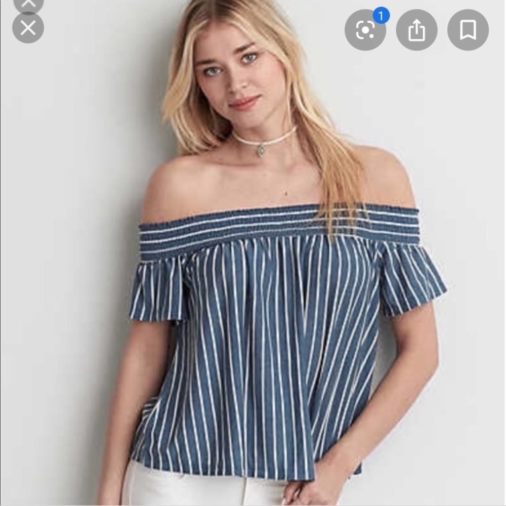 *4/$24* AE Blue Striped Off The Shoulder Top